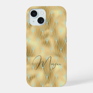 Art Deco Diamond Pattern, Gold & Teal, Script Name iPhone 15 Case