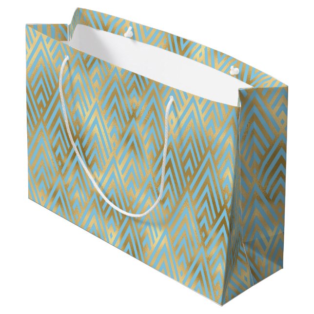 Art Deco Diamond Pattern, Teal & Gold Large Gift Bag (Back Angled)
