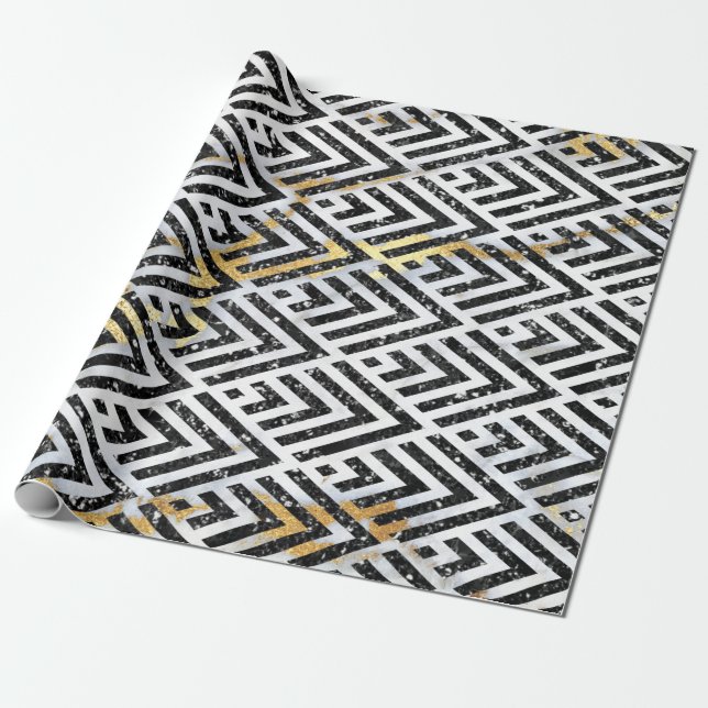 Art Deco Diamond Triangles Black White Marble Wrapping Paper (Unrolled)