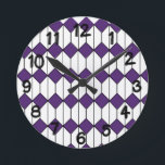 Art Deco Diamonds and Hexagons  Round Clock<br><div class="desc">This all clock has an art deco design of white hexagons with a black line down the middle and purple diamonds.</div>