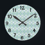 Art Deco Diamonds Round Clock<br><div class="desc">This wall clock has an art deco design of overlapping diamonds in verditer (green) and blue on a field of white.</div>