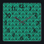 Art Deco Diamonds  Square Wall Clock<br><div class="desc">This wall clock has an art deco design of diamonds with vertical and diagonal lines and circles on a field of retro blue green.</div>