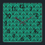 Art Deco Diamonds  Square Wall Clock<br><div class="desc">This wall clock has an art deco design of diamonds with vertical and diagonal lines and circles on a field of retro blue green.</div>