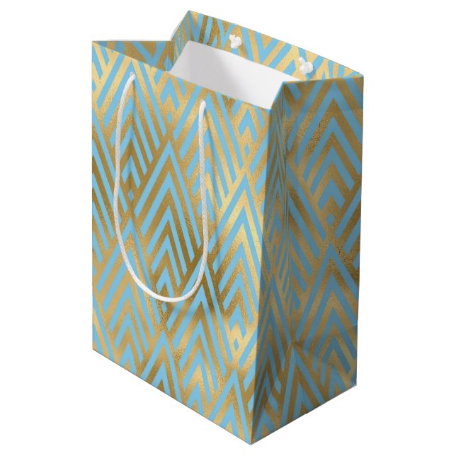 Art Deco Diamonds, Teal & Gold Pattern Medium Gift Bag (Back Angled)