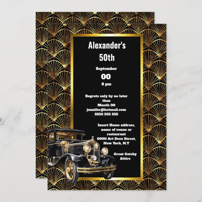 Art deco dodge automobile arch gold black pattern invitation (Front/Back)