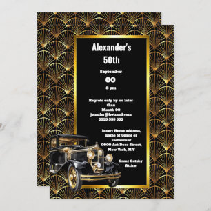 Art deco dodge automobile arch gold black pattern invitation