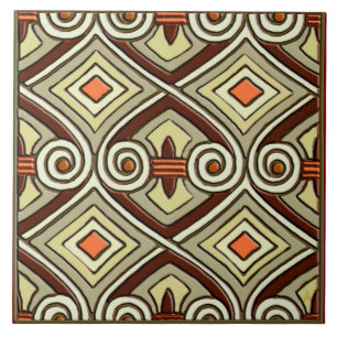 Art Deco Does Persia -Pea Green, Tangerine, Maroon Tile