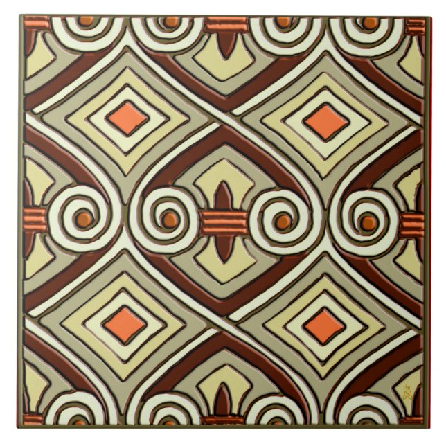 Art Deco Does Persia -Pea Green, Tangerine, Maroon Tile (Front)