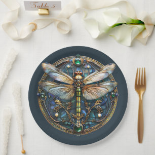 Art Deco Dragonfly Pearls Emeralds Gold  Paper Plate