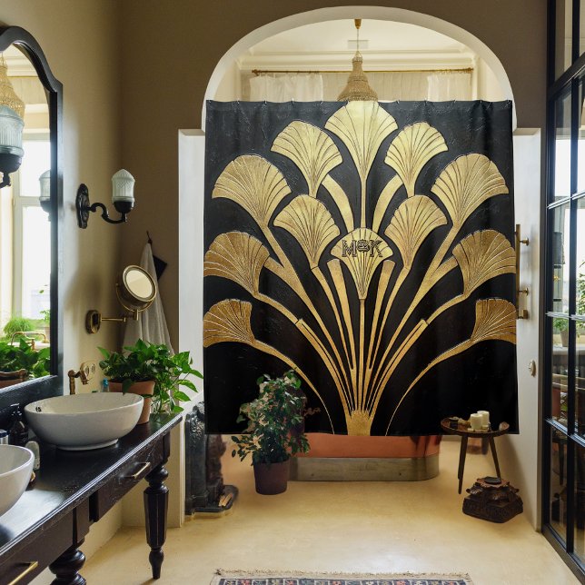 Art Deco Egyptian Black Gold Monogram Initials Shower Curtain (Elegant, black, gold, and aesthetically opulent personal initial & monogram Art Deco shower curtain)