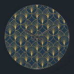 Art Deco Elegance: Fan Motifs Large Clock<br><div class="desc">Vintage elegant Art Deco style seamless pattern with fan shape golden motifs on dark blue background. Geometric abstract texture Vintage pattern. Embrace the Native American style with this intricate illustration. Vintage Elegance in Native American Style. deco, pattern, seamless, circle, motif, palm, fan, golden, leaf, background, geometric, gold, illustration, floral, texture,...</div>