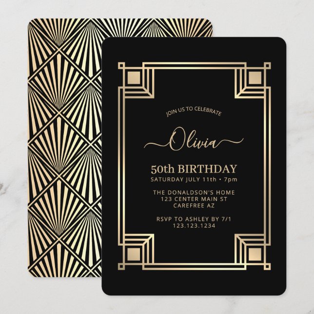 Art Deco Elegant 50th Birthday Invitation (Front/Back)