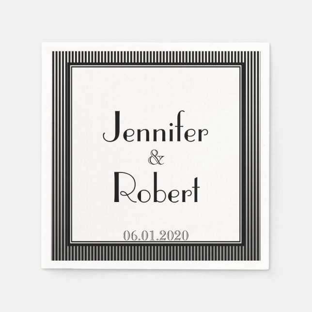 Art Deco Elegant Black and White Stripe Wedding Napkin (Front)