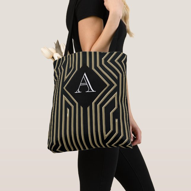 Art Deco Elegant Black Gold Monogram Tote Bag (Close Up)