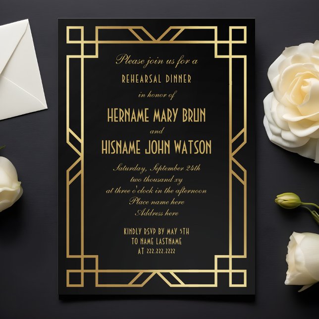 Art Deco Elegant Black Gold Rehearsal Dinner Invitation (Creator Uploaded)