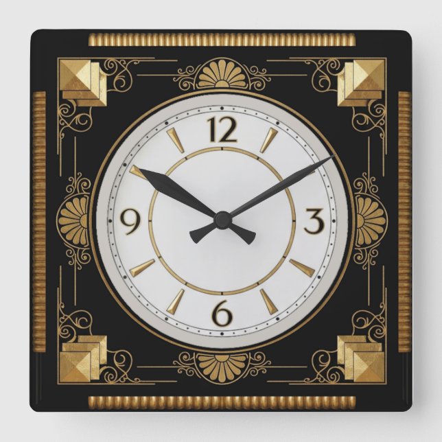 Art Deco Elegant Black Square Wall Clock (Front)