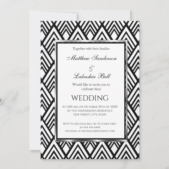 Art Deco Elegant Black White Geometrical Wedding Invitation (Front)