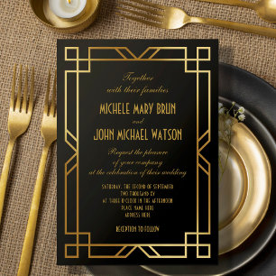 Art Deco Elegant Classic Gold Frame Black Wedding Invitation