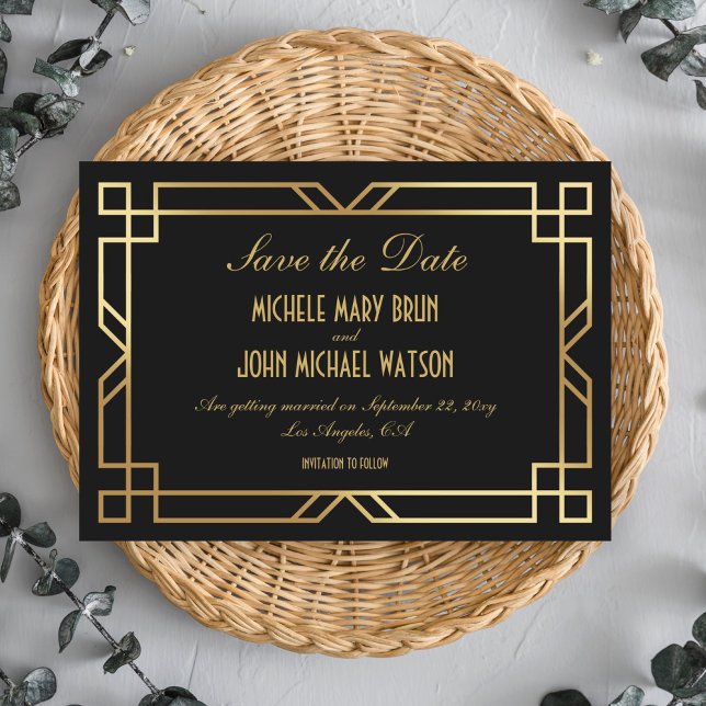 Art Deco Elegant Classic Gold Save the Date Black Invitation (Creator Uploaded)