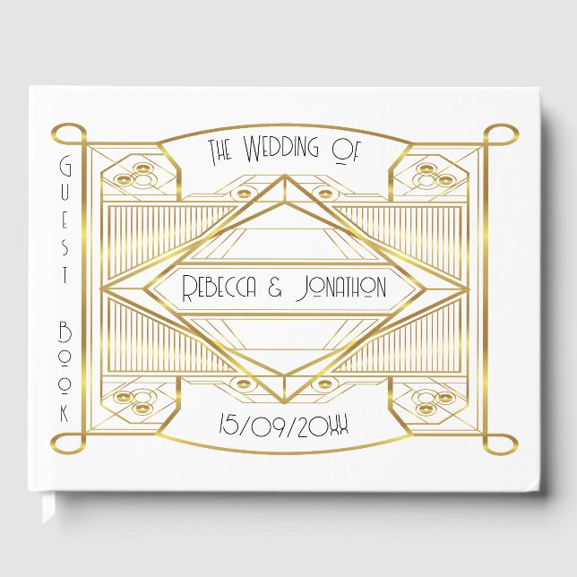 Art deco Elegant Gold and White Guest Book (Front)