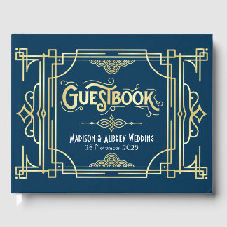 Art Deco Elegant Gold Blue Gatsby 1920s Wedding Guest Book