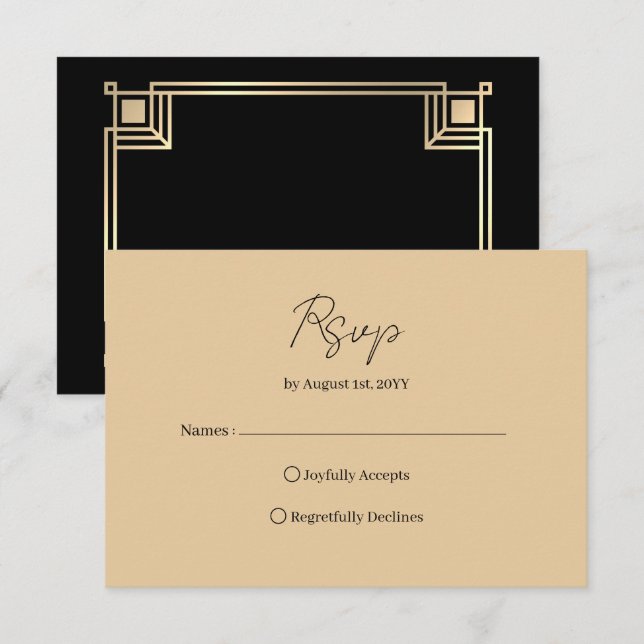 Art Deco Elegant Gold Frame Black RSVP Card (Front/Back)