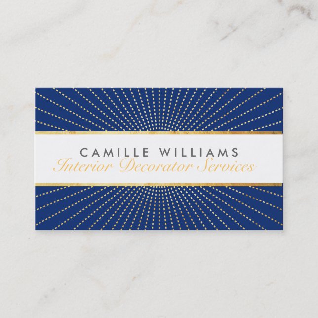 ART DECO elegant gold sunburst pattern navy blue Business Card (Front)