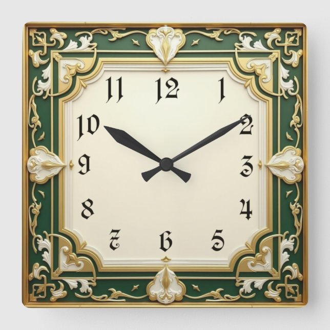 Art Deco Elegant Green Square Wall Clock (Front)