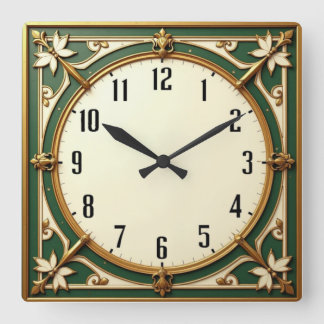 Art Deco Elegant Green Square Wall Clock