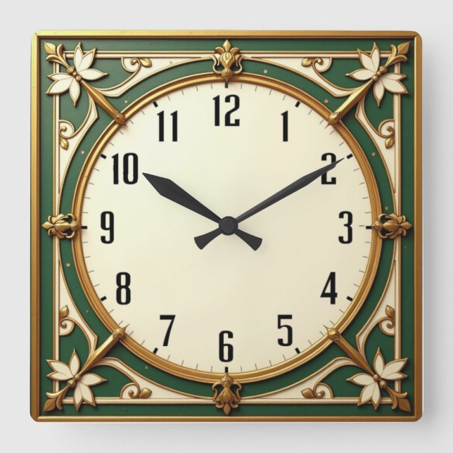 Art Deco Elegant Green Square Wall Clock (Front)