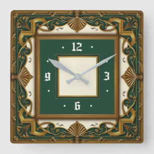 Art Deco Elegant Green Square Wall Clock