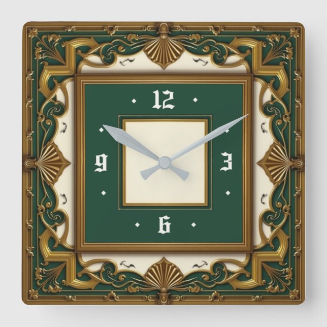 Art Deco Elegant Green Square Wall Clock (Front)