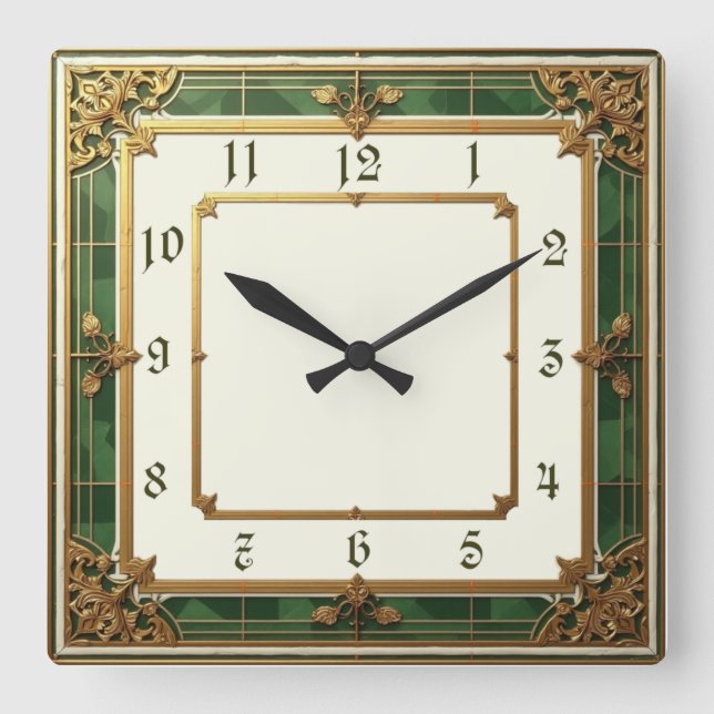 Art Deco Elegant Green Square Wall Clock (Front)