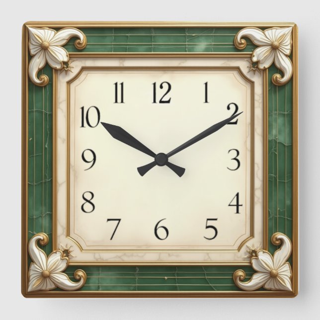 Art Deco Elegant Green Square Wall Clock (Front)
