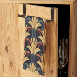 Art Deco Elegant Red Gold Black Tea Towel