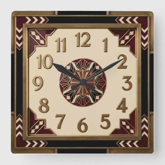Art Deco Elegant Red Square Wall Clock (Front)