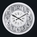 Art Deco Elegant stylish faux silver unisex gift Large Clock<br><div class="desc">A vintage Art Deco illustration featuring faux silver circles edged with black around which black swirl doodles appear are framed by a smaller white circle on which Roman numerals appear.</div>