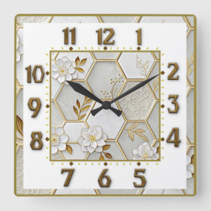 Art Deco Elegant White, Gold and Flowers Square Wall Clock