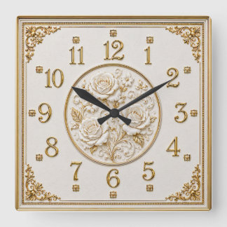 Art Deco Elegant White Rose Square Wall Clock