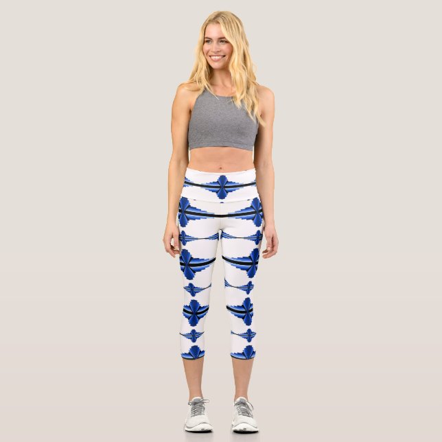 Art deco elements in deep blue capri leggings (Front)