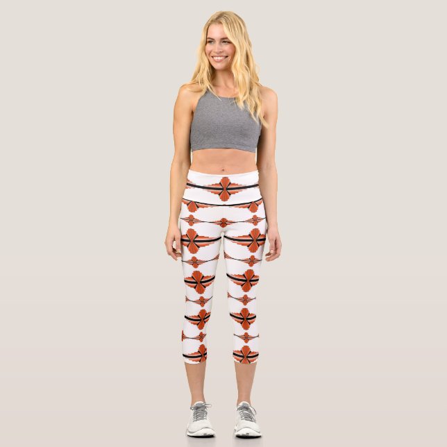 Art deco elements in deep orange capri leggings (Front)