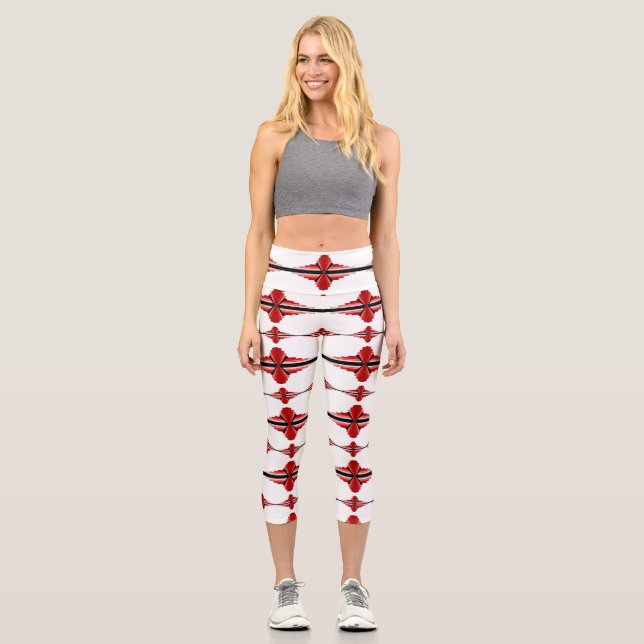 Art deco elements in deep red capri leggings (Front)