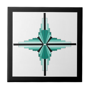 Art deco elements in teal green and black tile