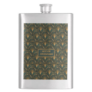 Art Deco Emerald Green Gold Custom Groomsman Hip Flask