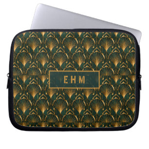 Art Deco Emerald Green Gold Custom Monogram Laptop Sleeve