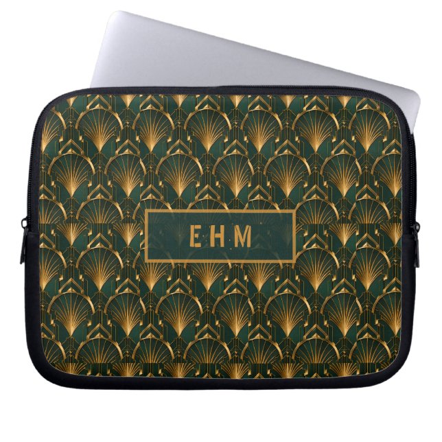 Art Deco Emerald Green Gold Custom Monogram Laptop Sleeve (Front)