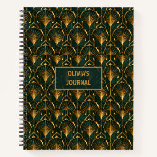 Art Deco Emerald Green Gold Custom Name Monogram Notebook