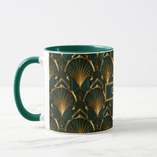 Art Deco Emerald Green Gold Fan Custom Name Mug