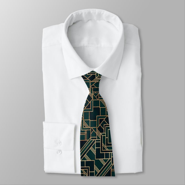 Art Deco Emerald Greens,Geometric Design on a Tie (Tied)
