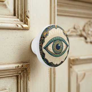 Art Deco Eye Anatomical Green Blue Gold Ceramic Knob
